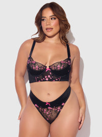 House of Desire Harper Embroidery Mesh Bra Set Black with Pink Flowers