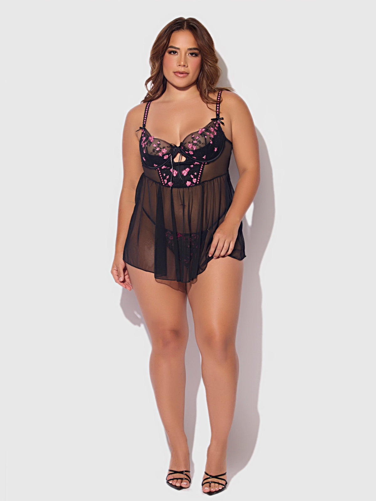 Harper See Through Embroidery Mesh Babydoll Set Black with Pink Flowers
