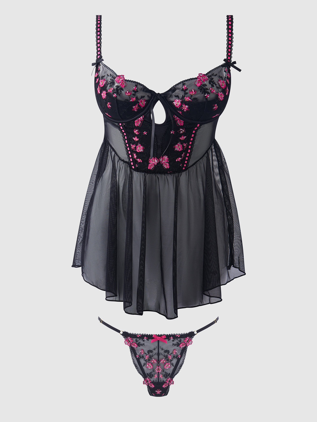 Harper See Through Embroidery Mesh Babydoll Set Black with Pink Flowers