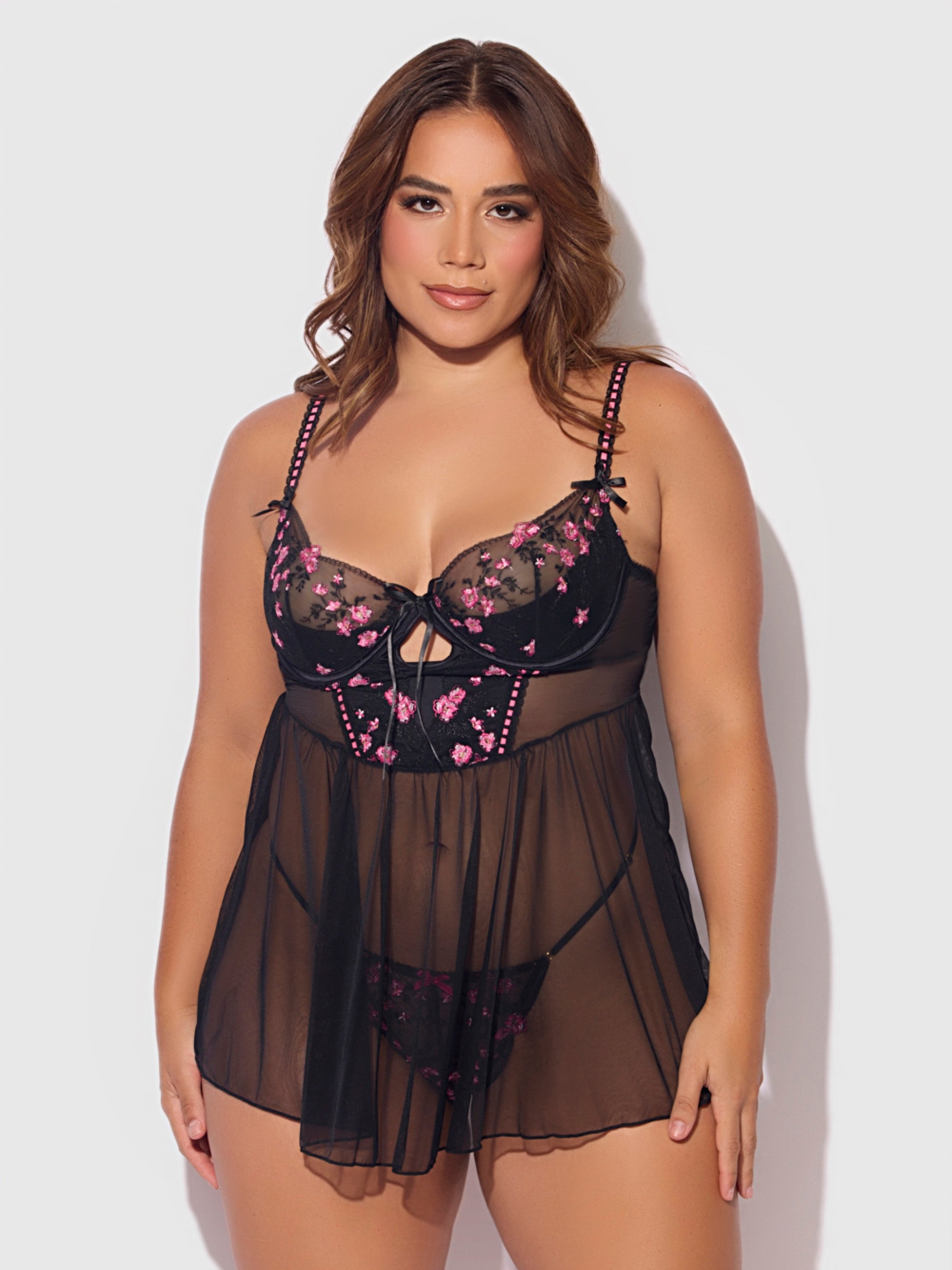 House of Desire Harper See Through Embroidery Mesh Babydoll Set Black with Pink Flowers