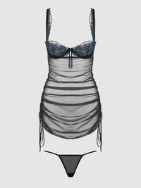 House of Desire Harper See Through Embroidery Mesh Chemise Set Black with Blue Flowers