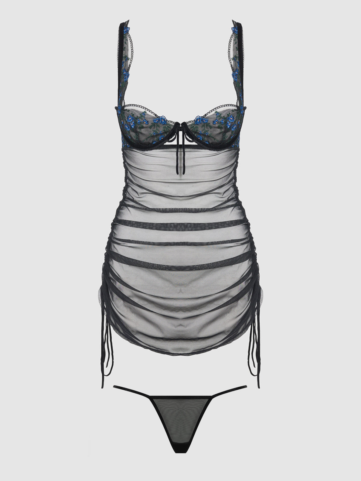 House of Desire Harper See Through Embroidery Mesh Chemise Set Black with Blue Flowers