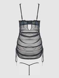 House of Desire Harper See Through Embroidery Mesh Chemise Set Black with Blue Flowers