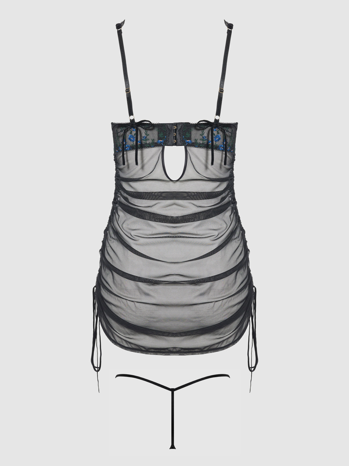 House of Desire Harper See Through Embroidery Mesh Chemise Set Black with Blue Flowers