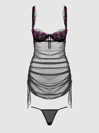 House of Desire Harper See Through Embroidery Mesh Chemise Set Black with Blue Flowers
