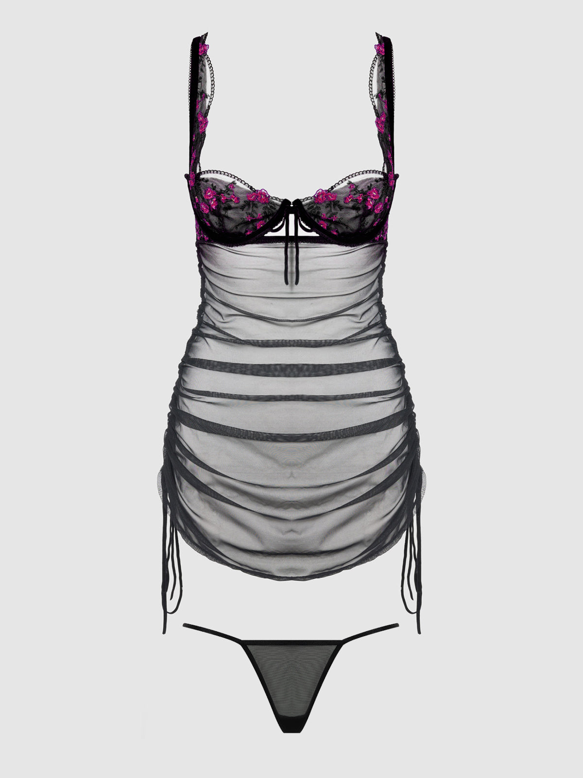 House of Desire Harper See Through Embroidery Mesh Chemise Set Black with Blue Flowers