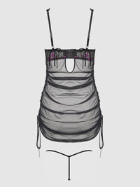 House of Desire Harper See Through Embroidery Mesh Chemise Set Black with Blue Flowers
