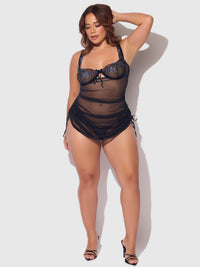 House of Desire Harper See Through Embroidery Mesh Chemise Set Black with Blue Flowers