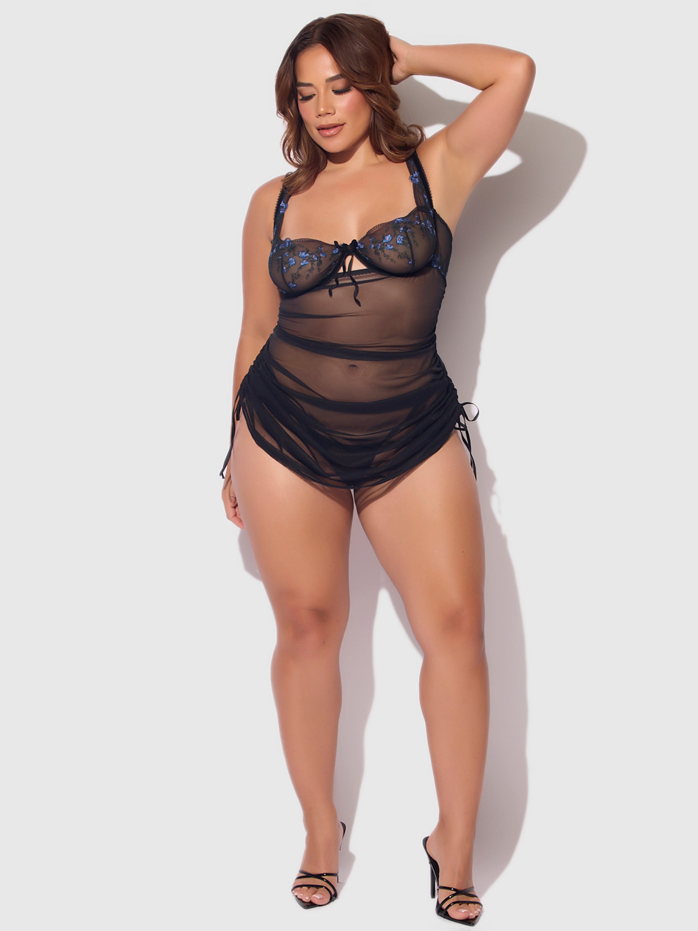 House of Desire Harper See Through Embroidery Mesh Chemise Set Black with Blue Flowers