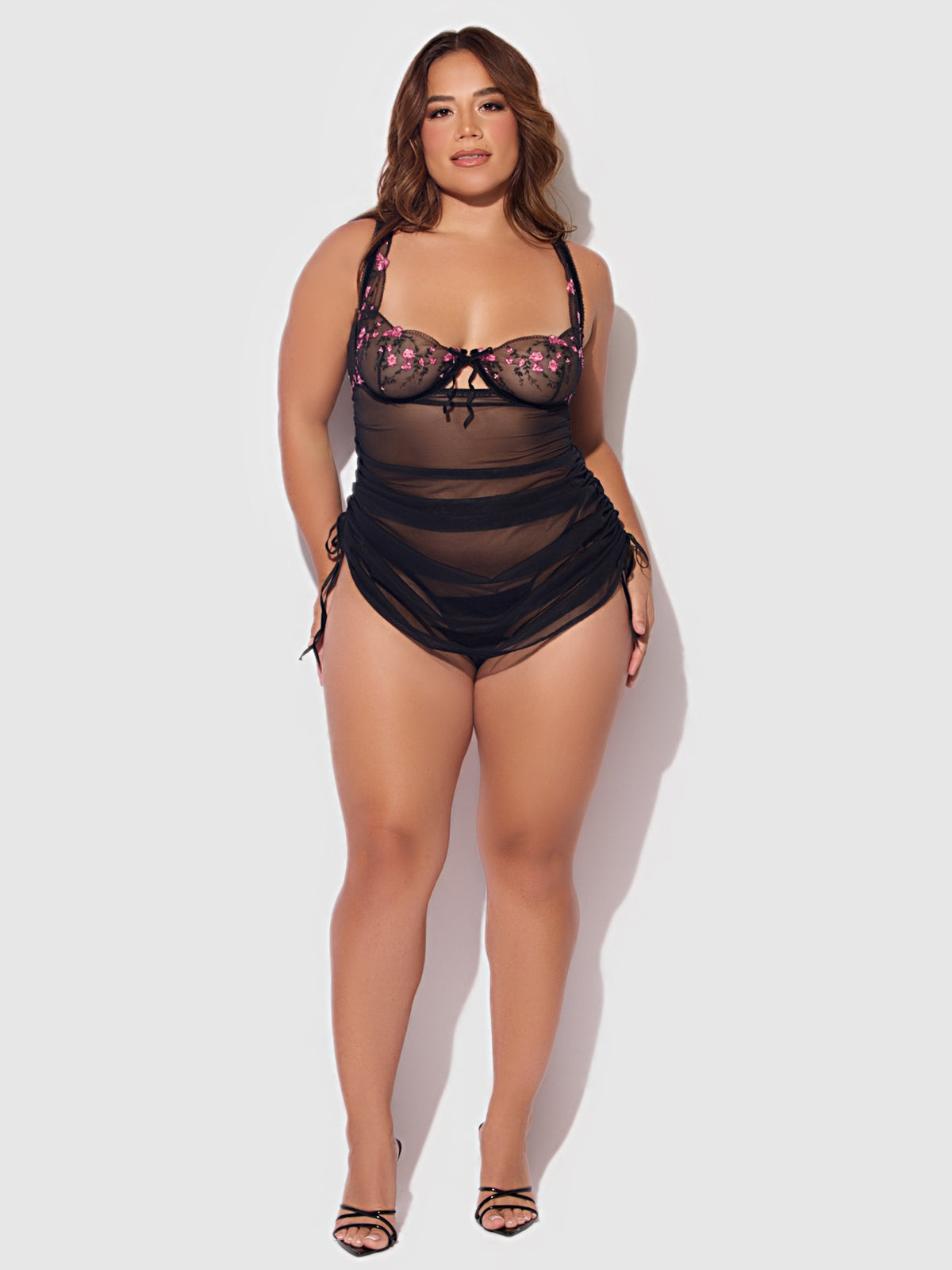 Harper See Through Embroidery Mesh Chemise Set Black with Blue Flowers
