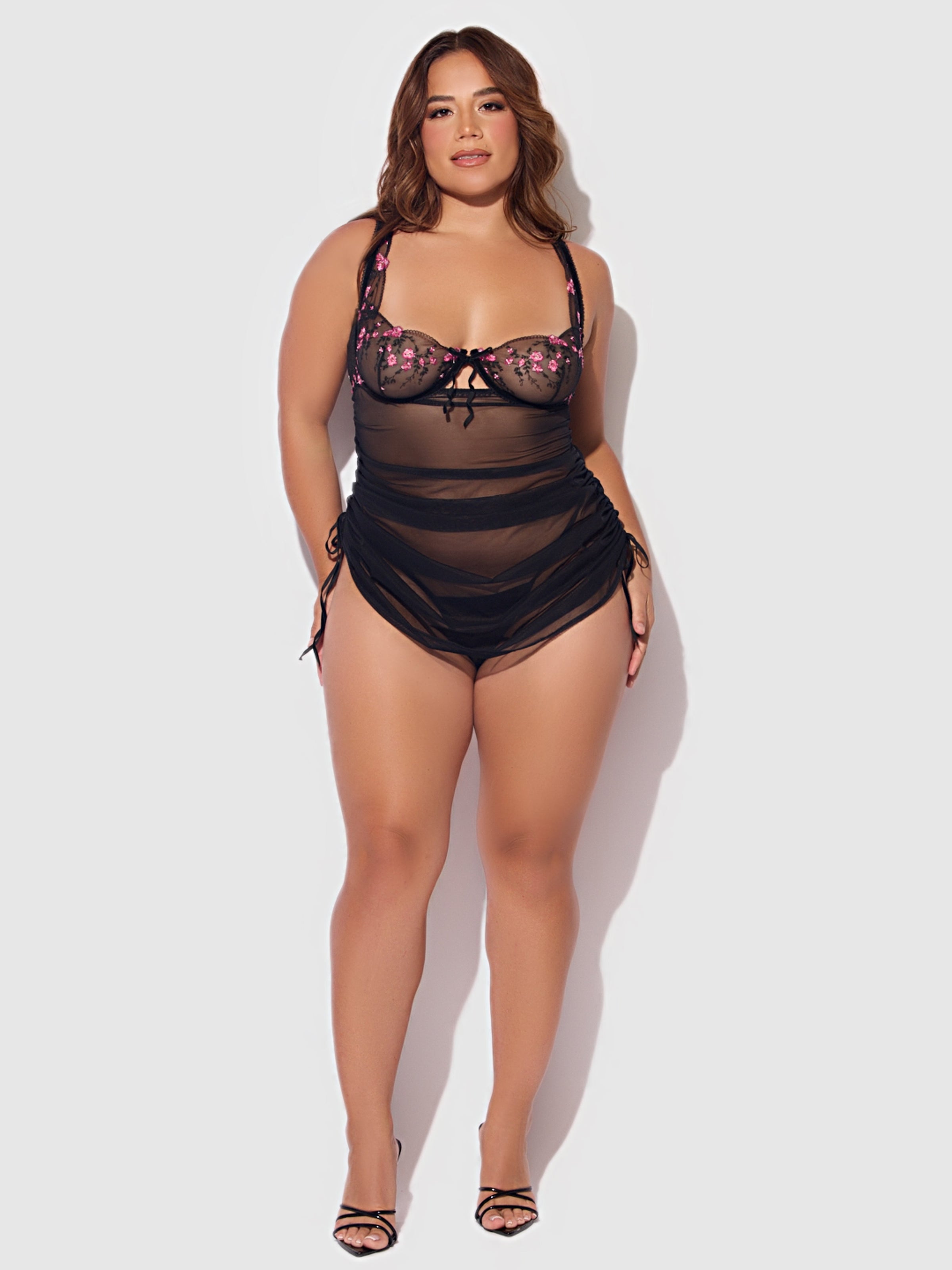House of Desire Harper See Through Embroidery Mesh Chemise Set Black with Blue Flowers