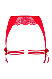 Red lace garter belt with satin bows and subtle transparent tulle.