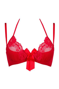 Seductively red quarter cup shelf bra with floral lace and a big satin bow.