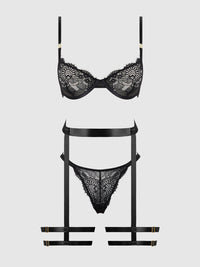 House of Desire Helena Lace Bra, Garter & Open Back Hipster Set