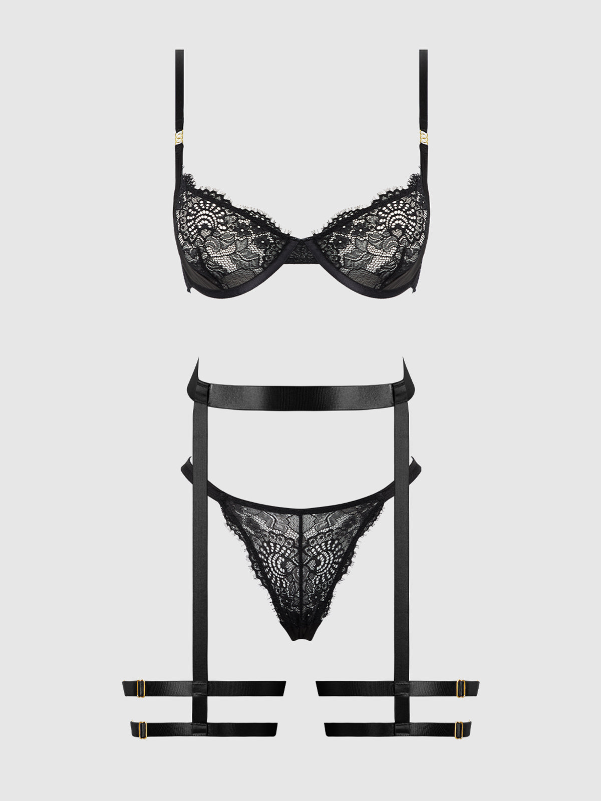 House of Desire Helena Lace Bra, Garter & Open Back Hipster Set
