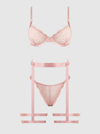 House of Desire Helena Lace Bra, Garter & Open Back Hipster Set