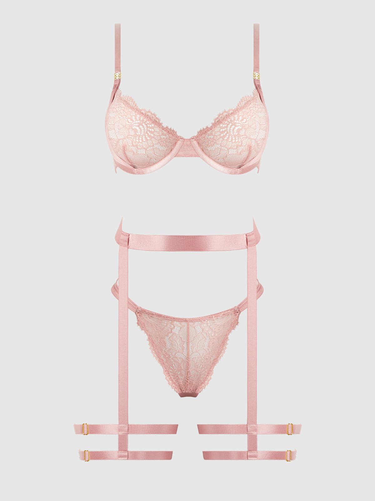 House of Desire Helena Lace Bra, Garter & Open Back Hipster Set