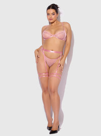 House of Desire Helena Lace Bra, Garter & Open Back Hipster Set