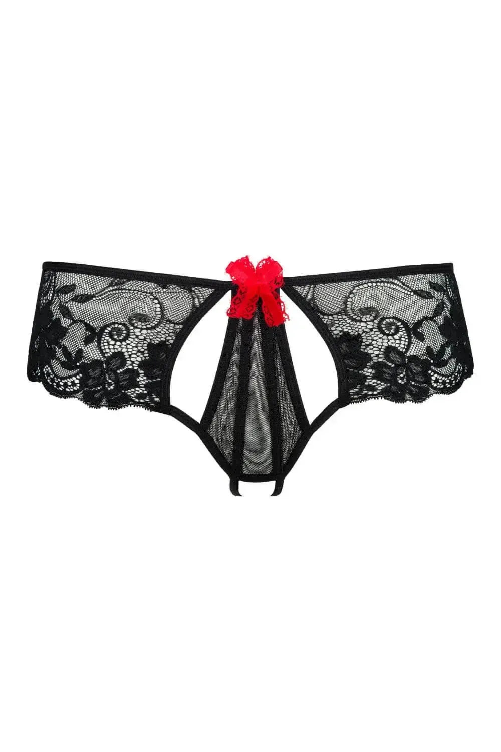 Alluring Axami black lace crotchless thong with floral motif, tulle, and passionate red bows.
