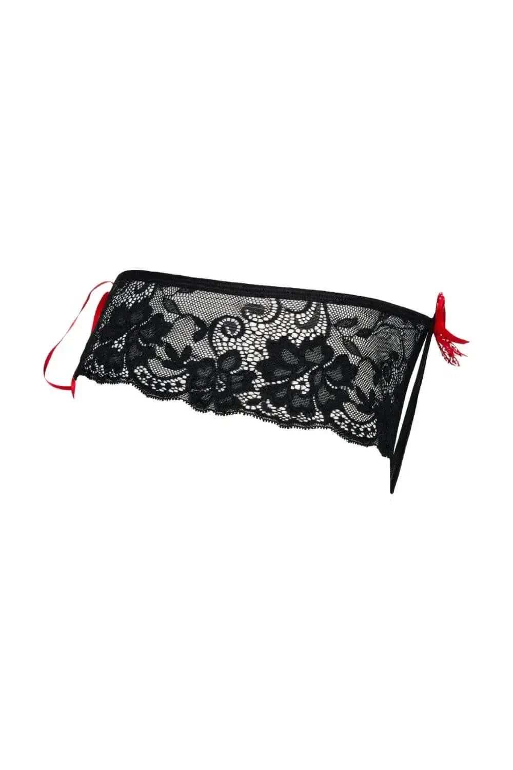 Alluring black lace crotchless thong with floral motif and passionate deeply red bows.