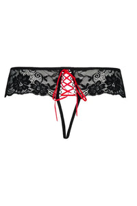 Alluring black lace crotchless thong with floral motif and passionate red lace-up detail.