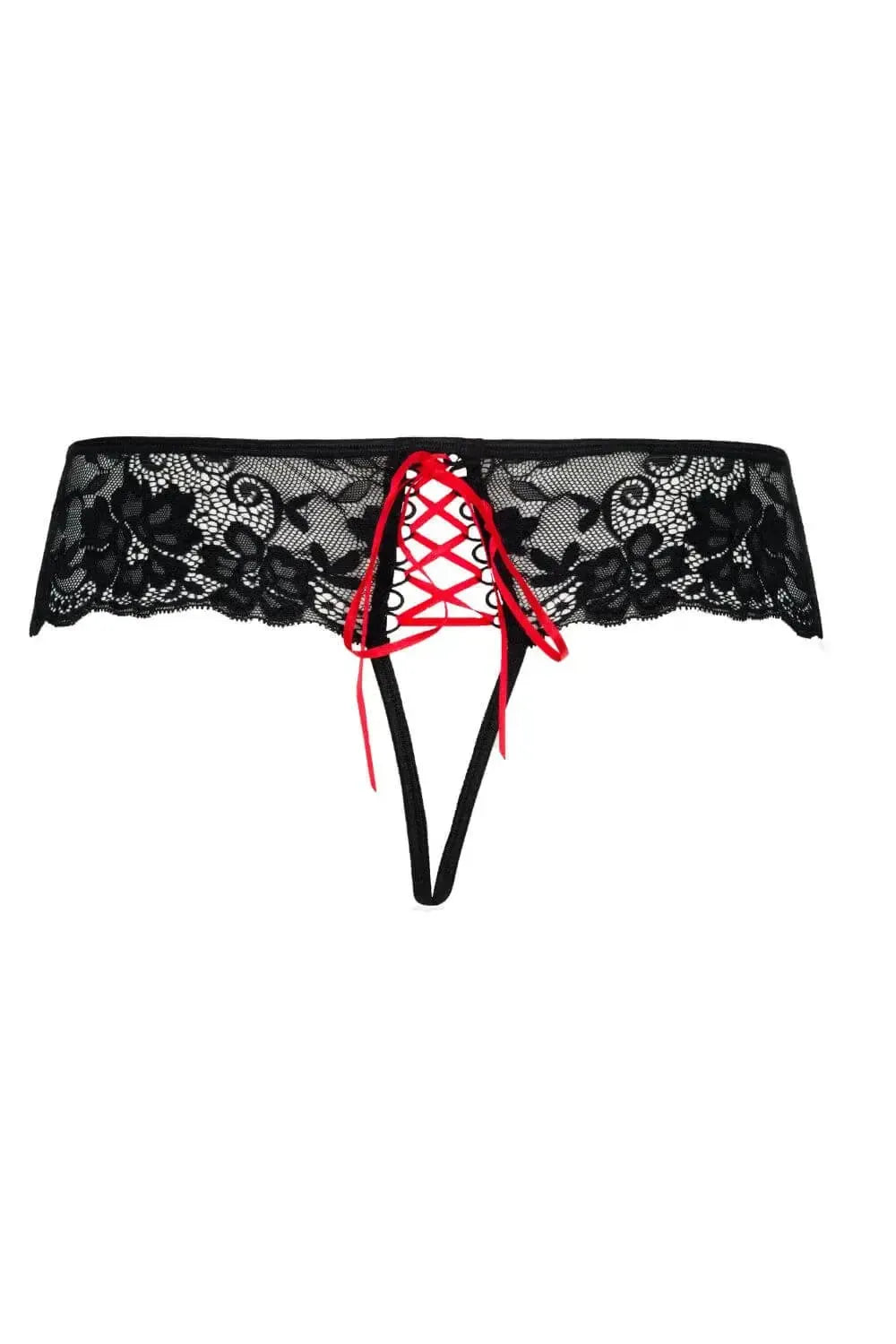 Alluring black lace crotchless thong with floral motif and passionate red lace-up detail.