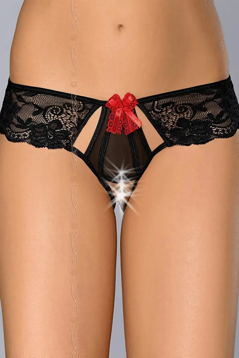 Alluring Axami black lace crotchless thong with floral motif, tulle, and passionate red bows.