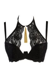 Seductive black lace high-neck push-up bra with a luxurious gold metal tassel.