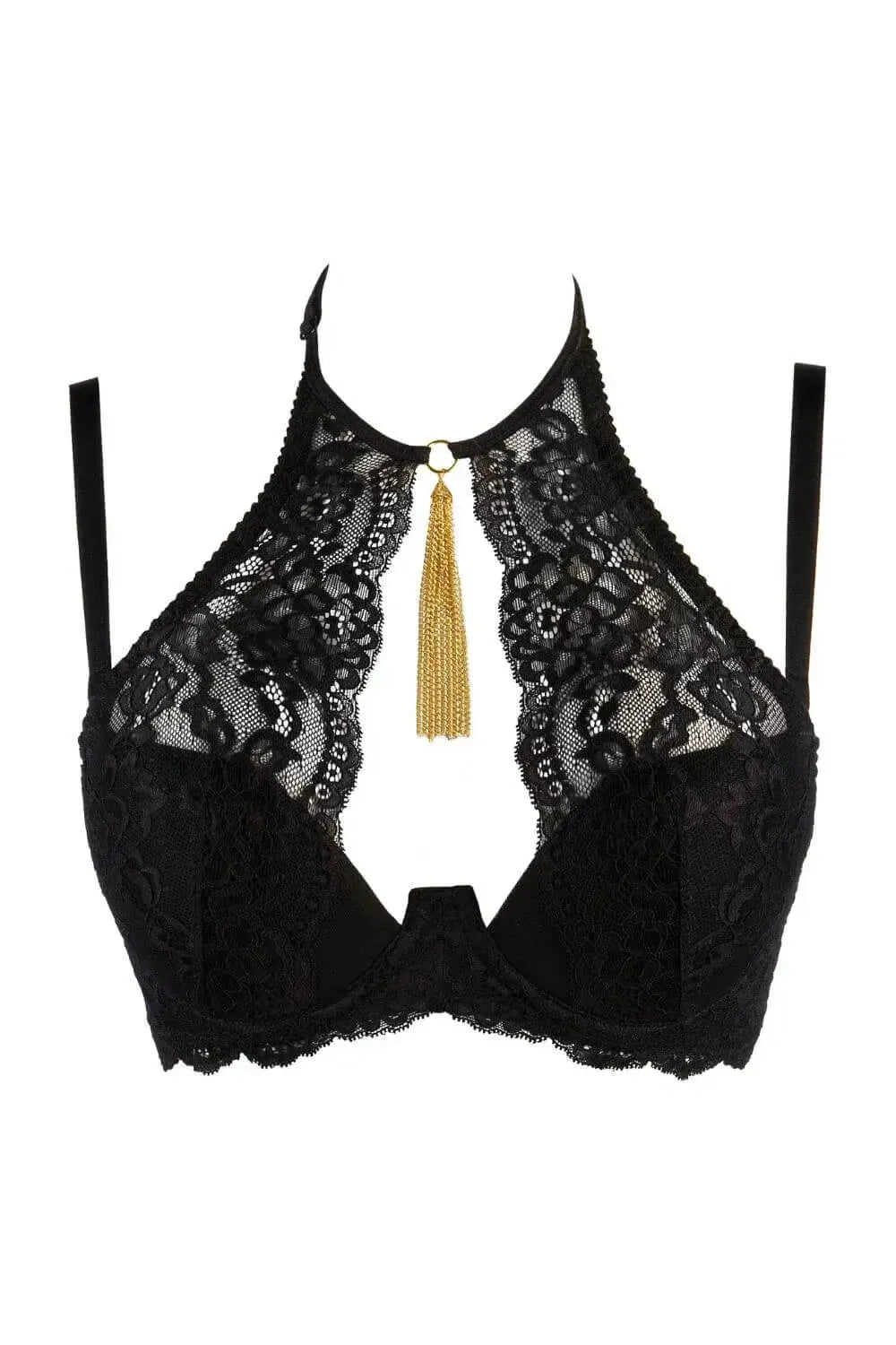 Seductive black lace high-neck push-up bra with a luxurious gold metal tassel.
