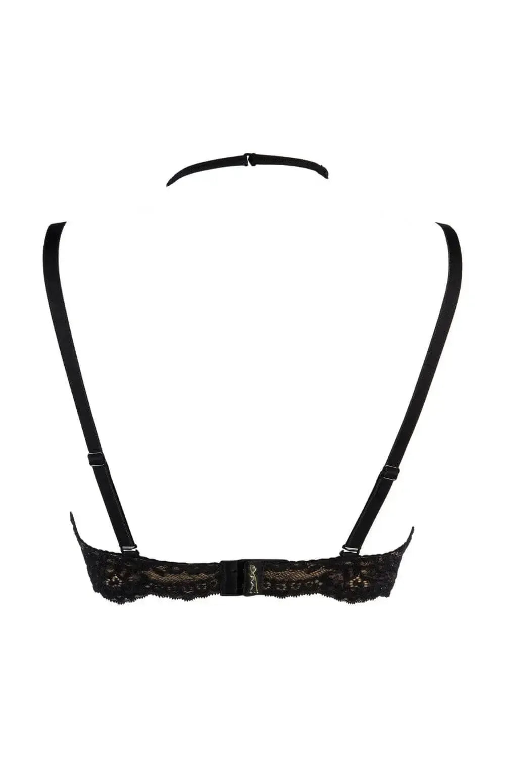 Seductive black lace high-neck push-up bra with gold metal tassel detail and adjustable straps.