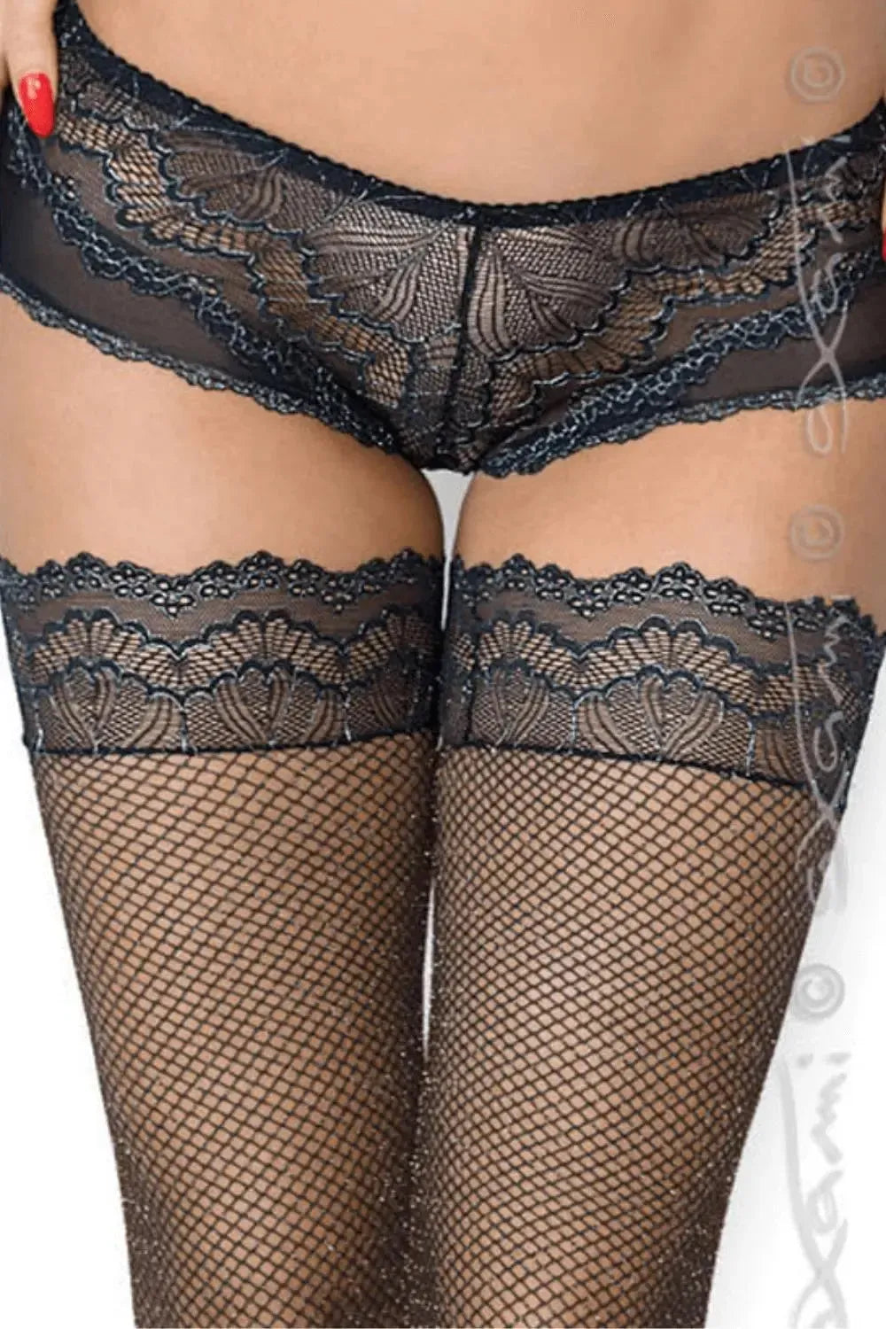 Stunning black elastic fishnet thigh-high hold-ups with elegant silver-black lace tops.