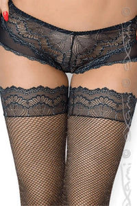 Stunning black elastic fishnet thigh-high hold-ups with elegant silver-black lace tops.
