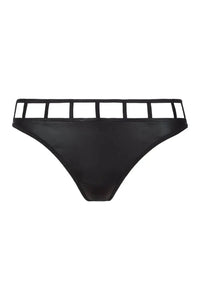 Axami Illusions Caged Thong in matte black latex with a seductive geometric stripe design.