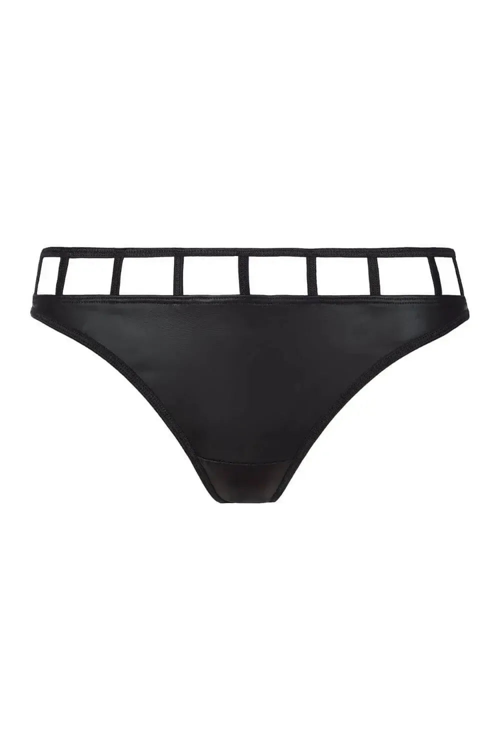 Axami Illusions Caged Thong in matte black latex with a seductive geometric stripe design.
