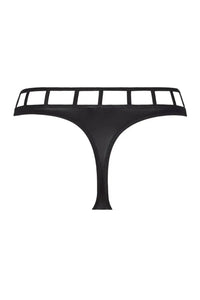 Axami Illusions Caged Thong: black matte latex with geometric stripe cutouts, seductive and sophisticated.