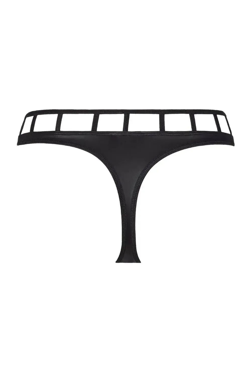 Axami Illusions Caged Thong: black matte latex with geometric stripe cutouts, seductive and sophisticated.