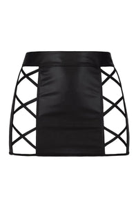 Axami Illusions black matte latex open back skirt with sexy criss-cross side details.