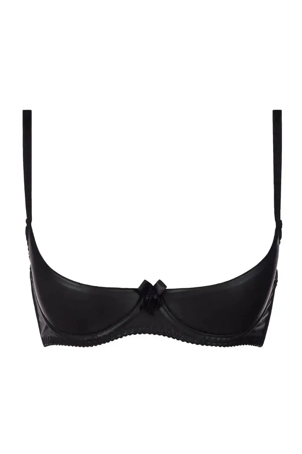Seductive black vegan leather open cup shelf bra with a charming bow, underwire, and padded cups.