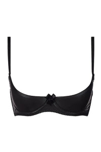 Seductive black vegan leather open cup shelf bra with a charming bow, underwire, and padded cups.