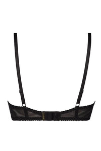 Black Axami Illusions shelf bra, open cups, soft matte vegan leather, non-removable bow, underwire support.