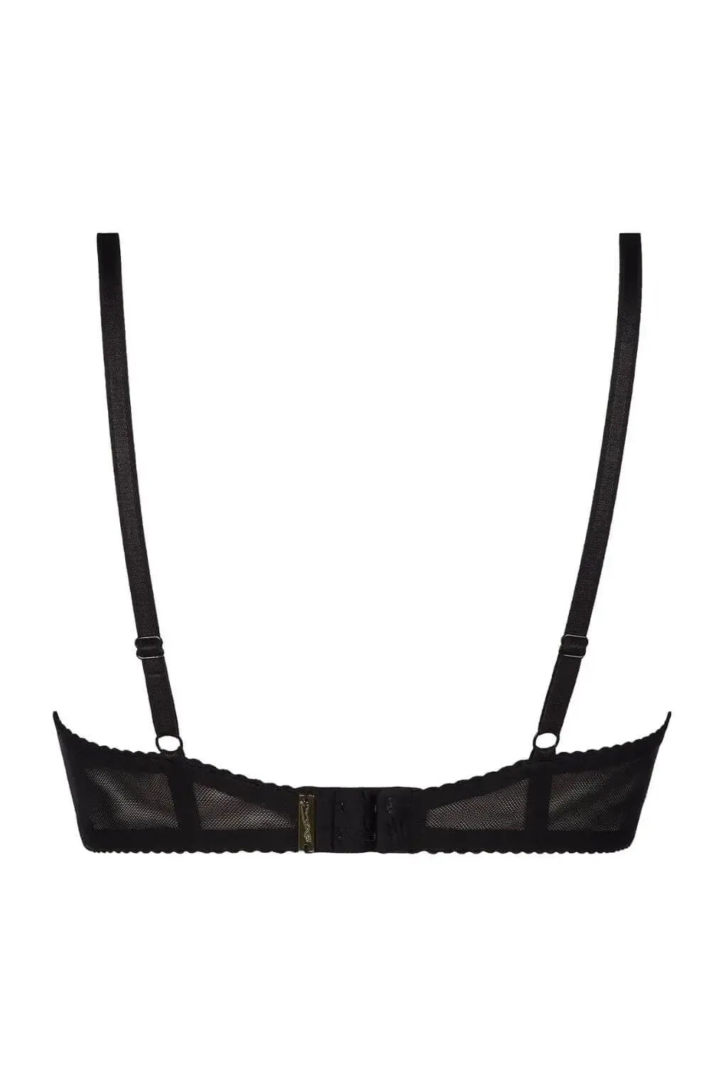 Black Axami Illusions shelf bra, open cups, soft matte vegan leather, non-removable bow, underwire support.