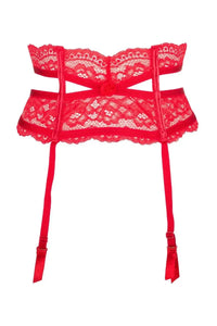 Stunning red lace high-waisted garter belt with unique cut, emphasizing waistline and hips.