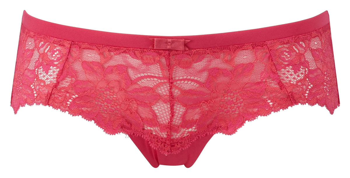 Irresistible Hipkini Cheeky BoyShort in stunning two-tone lace and shine fabric with a feminine box bow.