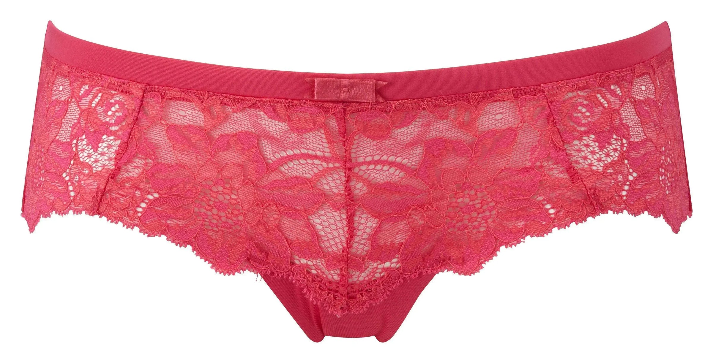 Irresistible Hipkini Cheeky BoyShort in stunning two-tone lace and shine fabric with a feminine box bow.