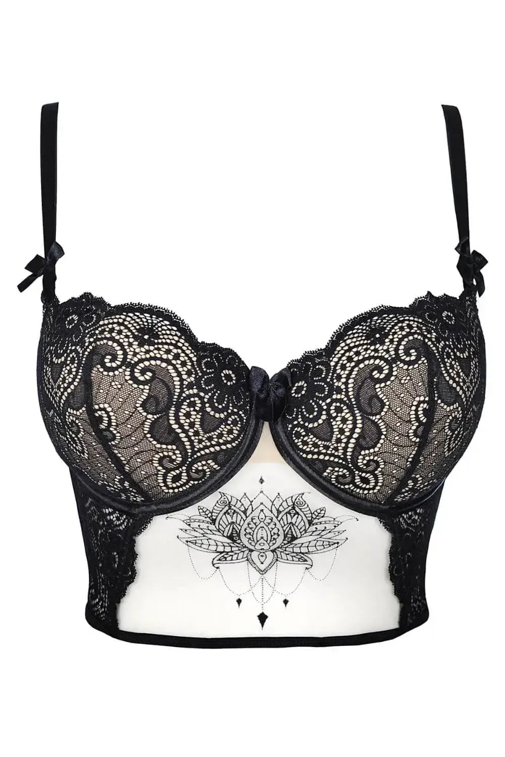 Seductive black lace longline bra with sheer white fabric and an avant-garde lotus motif.