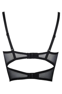 Back view of Axami Isabella Sheer Lotus Longline Bra, black sheer fabric with double hook and eye closure.