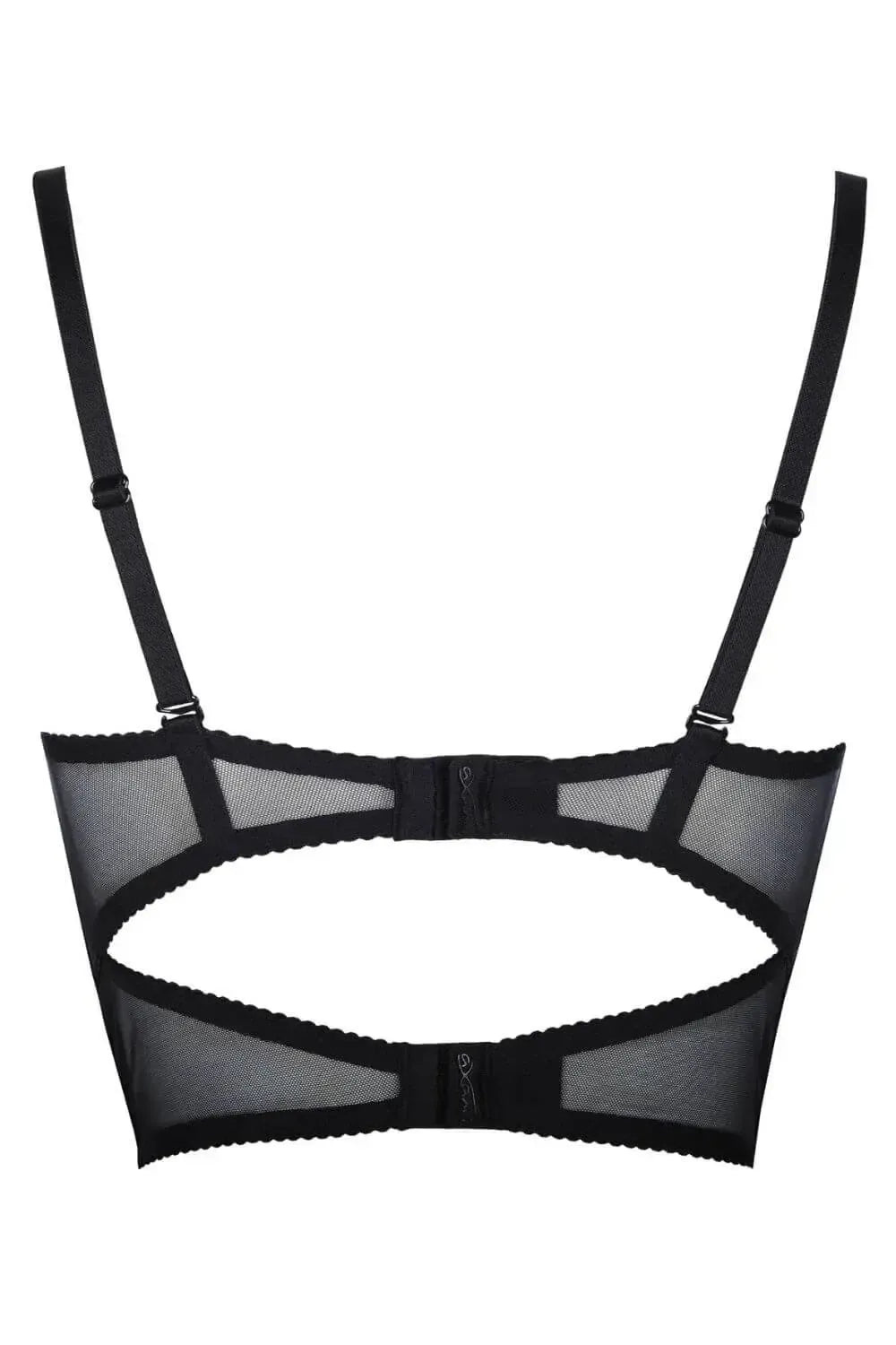 Back view of Axami Isabella Sheer Lotus Longline Bra, black sheer fabric with double hook and eye closure.