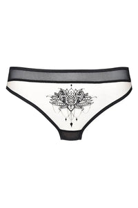 Axami Isabella Sheer Lotus Tanga Thong with delicate black lotus motif on sheer white fabric.