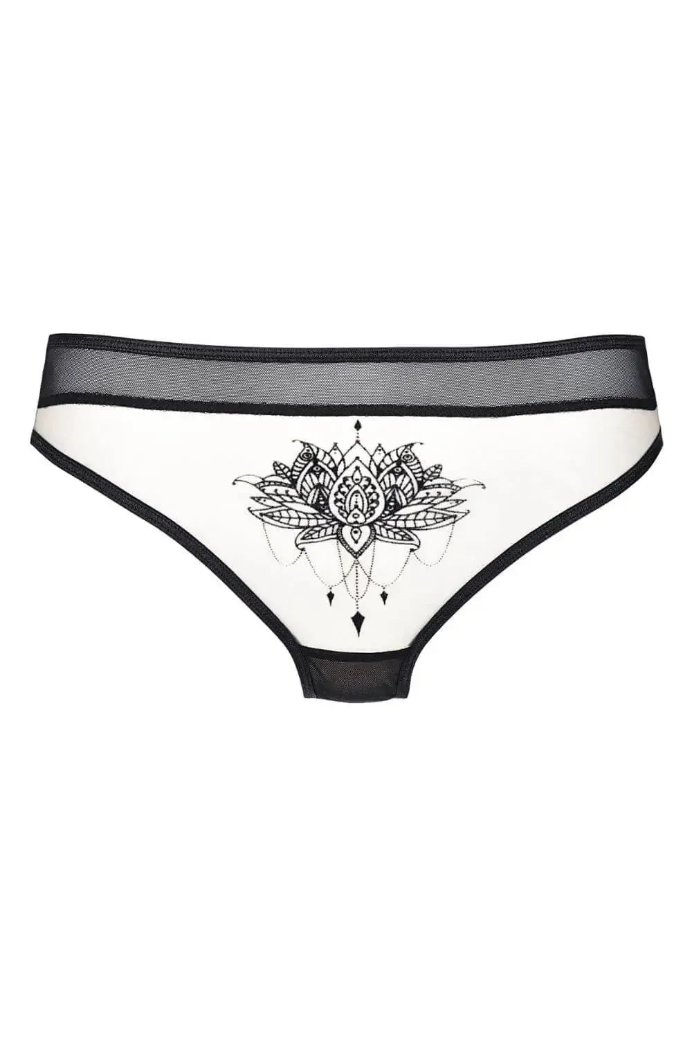 Axami Isabella Sheer Lotus Tanga Thong with delicate black lotus motif on sheer white fabric.