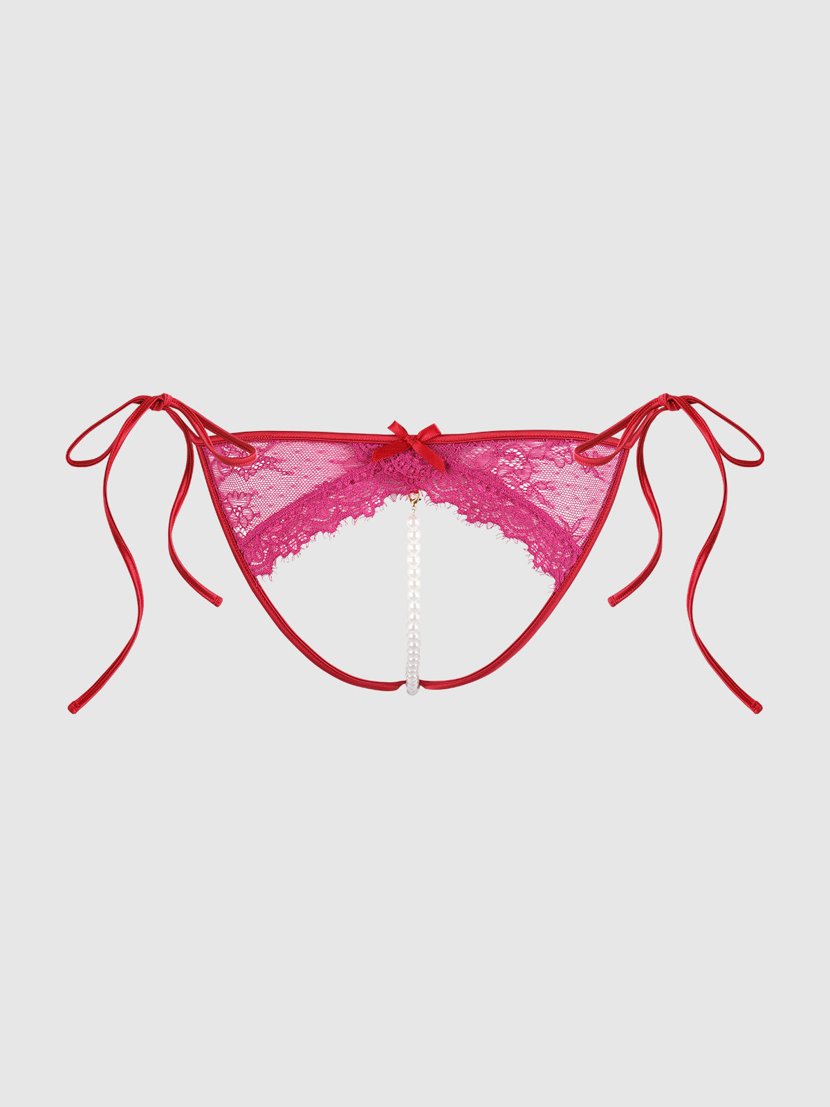 Jocelyn Lace & Pearl Crotchless Bikini Side Ties Red Crimson Raspberry